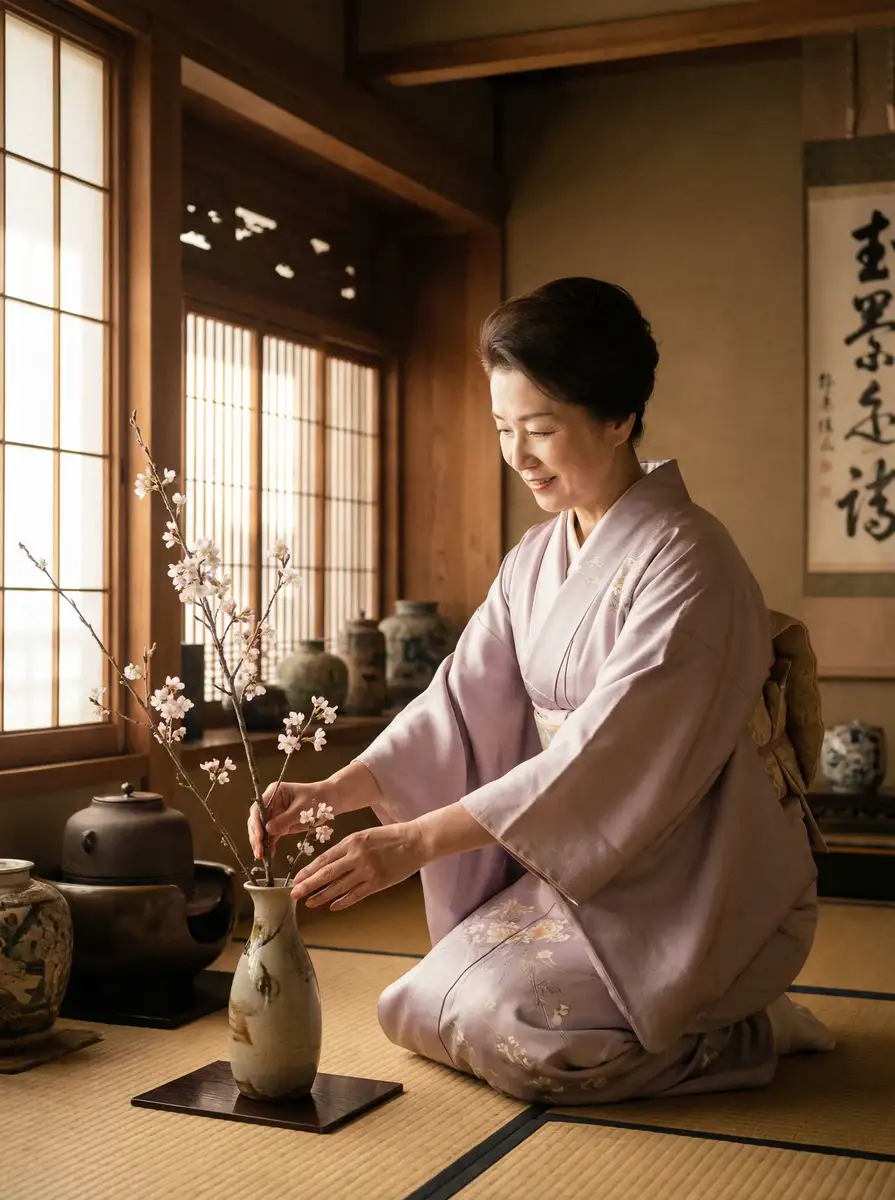 一位优雅的 和记平台 在和室中插花