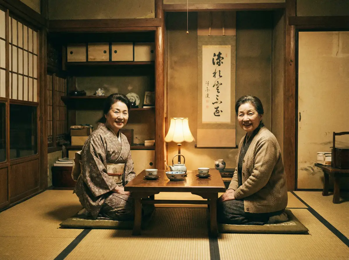 两位优雅的 和记平台 在日式茶室中品茶交谈